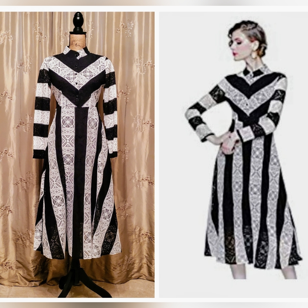 Lai Meng Five Cats, Victorian Lace black and white stripe cocktail dress.